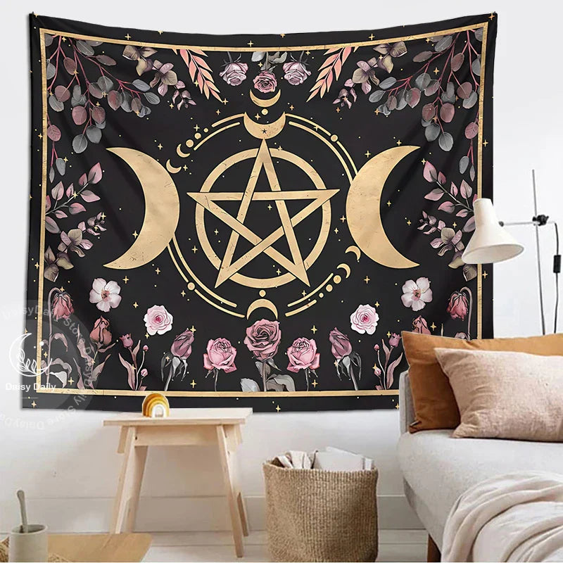 Decorbites™ Botanische Blumen-Mond-Wandteppich – Hexenhütten-Core-Wohnzimmer-Dekoration