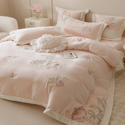 Decobites Pink Flowers Princess Bedding Set with Embroidery Ruffles in Milk Velvet