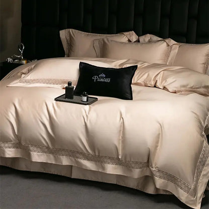 Decobites Luxury Lace Edge Bedding Set: Queen King Duvet Cover, Bed Sheet, Pillowcase