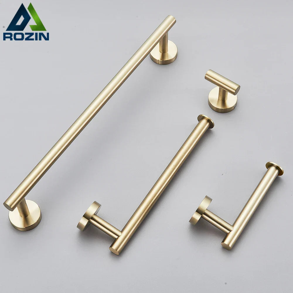 DecorBites™ Brushed Gold Bathroom Accessories Set: Towel Rail, Paper Holder, Hook, Stainless Steel