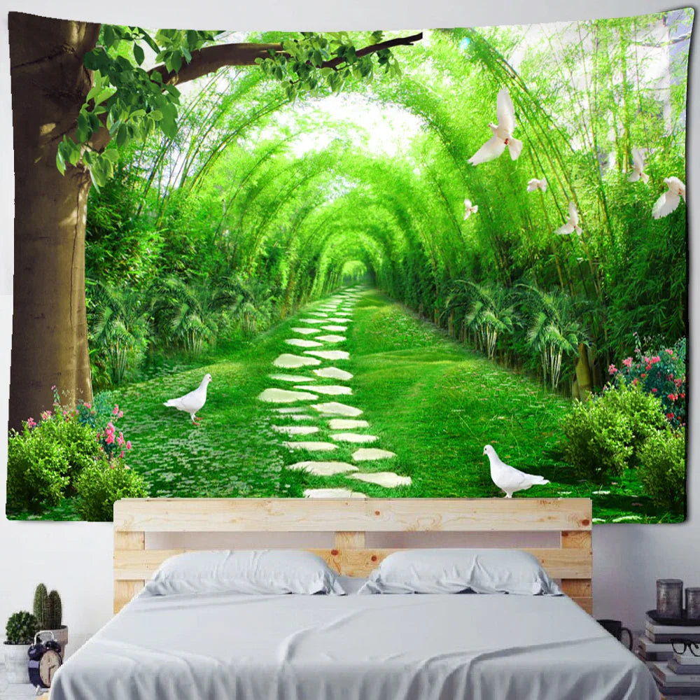 Decobites Bamboo Forest Pigeon Path Tapestry: Hippie Psychedelic Wall Hanging for Natural Home Decor