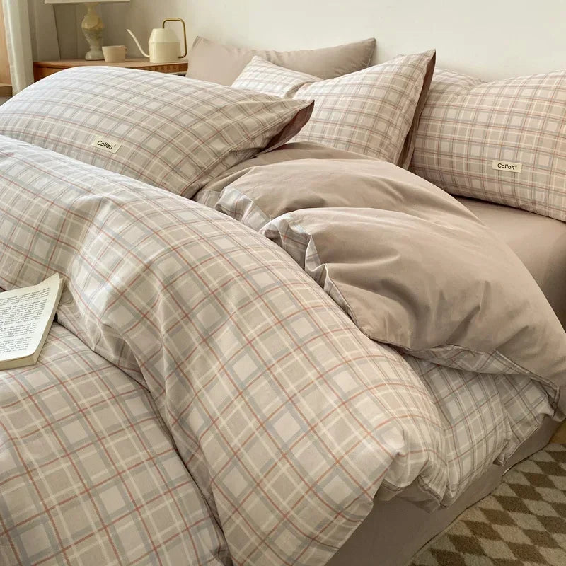 DecorBites™ Grid Printed Cotton Fitted Sheet Set - Double-Sided Mix Color Quilt Cover