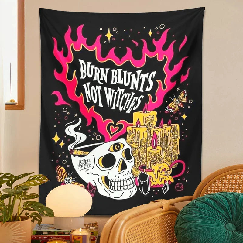 Decobites Skull Moon Tapestry: Psychedelic Boho Witch Tarot Moth Wall Hanging Skeleton