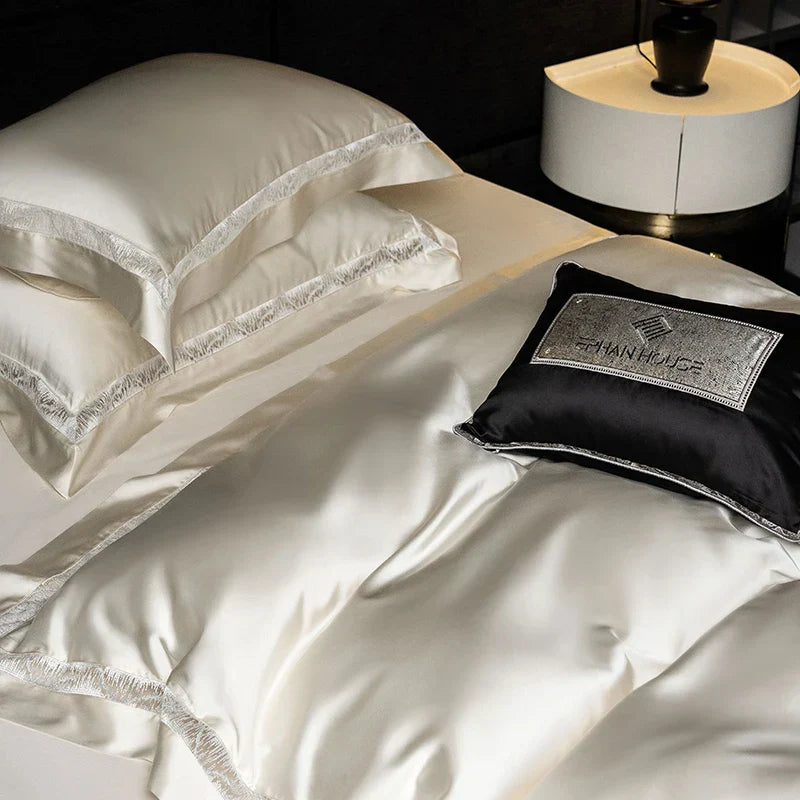 Decobites Luxe Brocade & Egyptian Cotton Bedding Set with Hollow Lace Edge