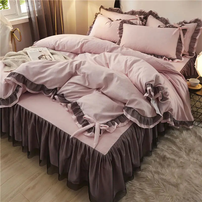 Decorbites™ Korean Bettrocken-Set mit Rüschenkanten – Einfarbig, hautfreundliches Bettwäsche-Set