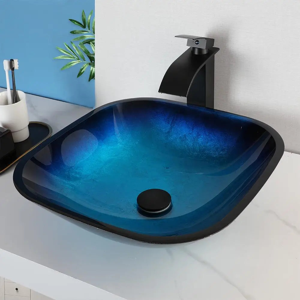 Decorbites™ Gradient Blau Glas Waschbecken Armatur-Set mit Wasserfall-Mischbatterie