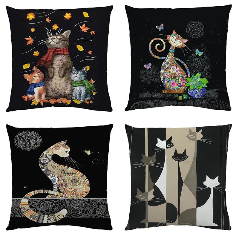 Funda de almohada DecorBites™ con estampado de gato, de felpa corta negra, para decoración moderna de salas de estar.