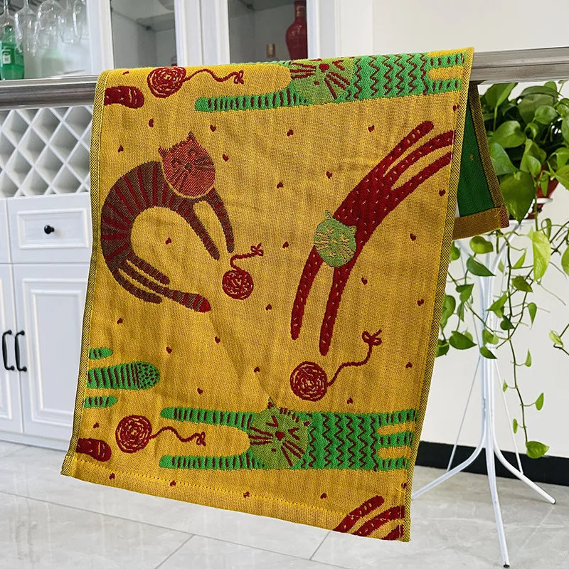 DecorBites™ Cat Gauze Hand Towels - Set of 4 | 100% Cotton, 35*40cm | Bathroom & Kitchen Essentials