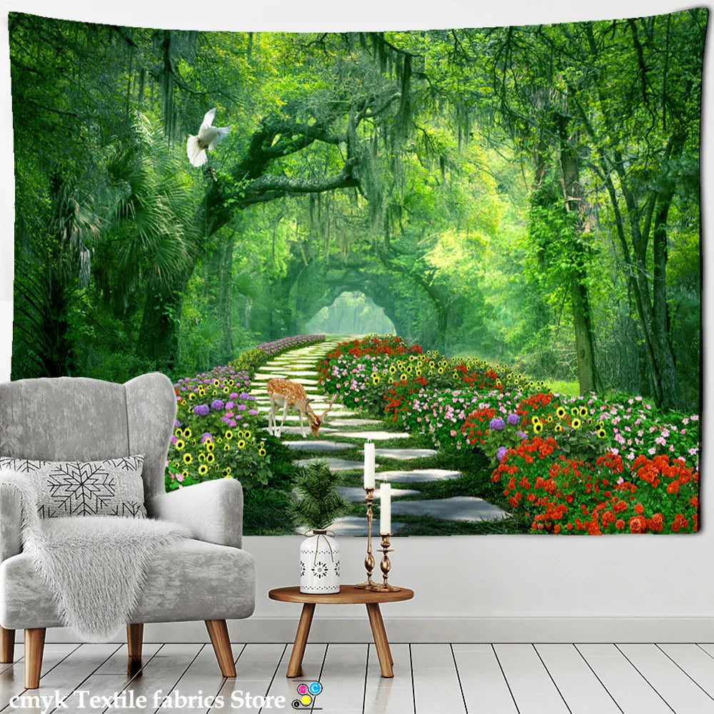 Decobites Bamboo Forest Pigeon Path Tapestry: Hippie Psychedelic Wall Hanging for Natural Home Decor