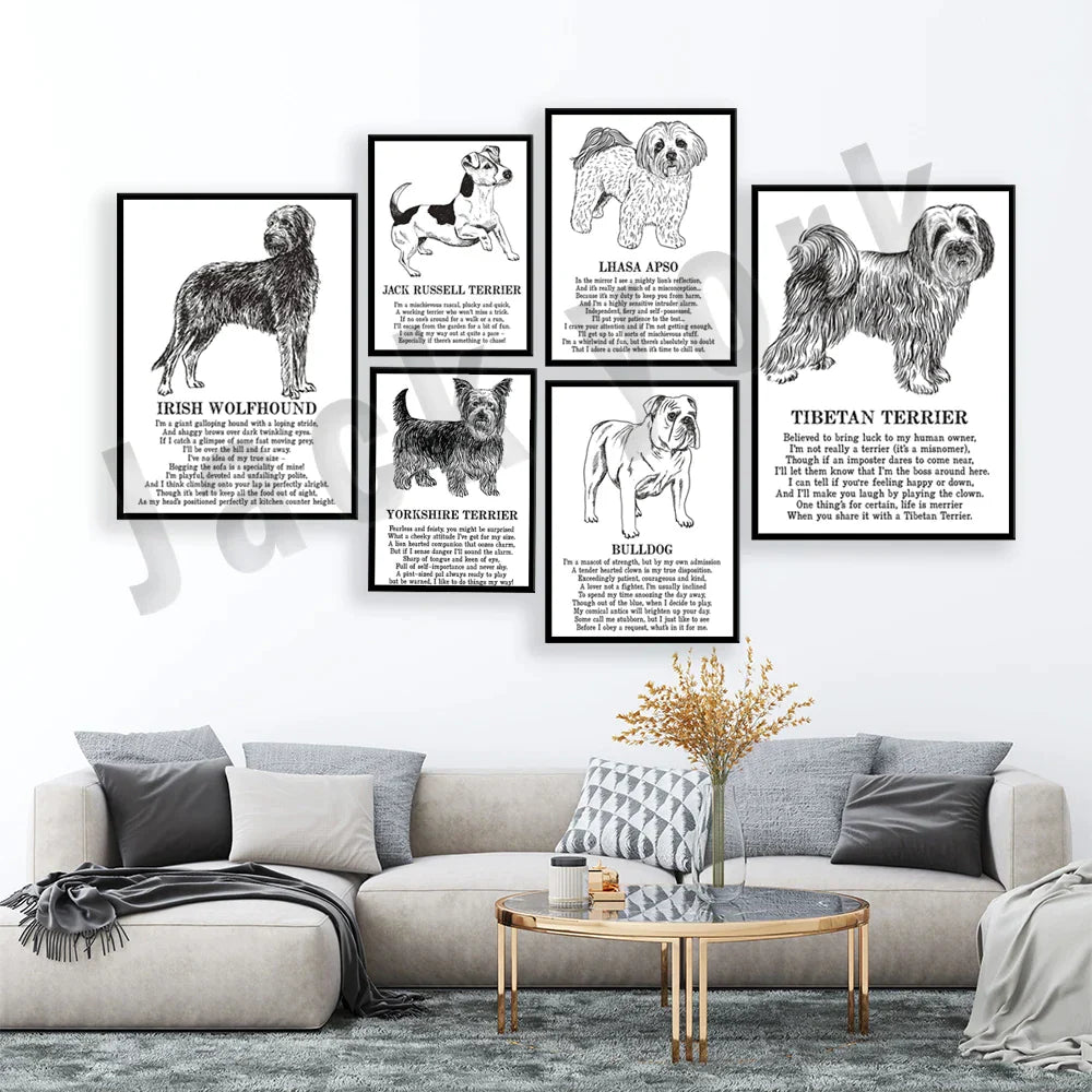 DecorBites™ Cozy Canine Collection: Dog Poetry Poster featuring Lhasa, Sheepdog, Terrier, Bulldog, Tibetan, Yorkie
