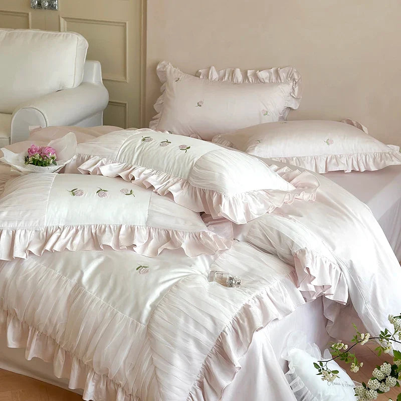 Decobites Rose Embroidery Lace Ruffles Bedding Set 1000TC Egyptian Cotton Duvet Cover Flat Sheet