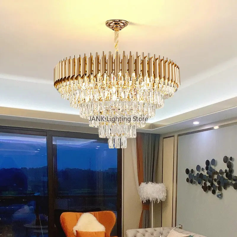 DecorBites™ Gold Crystal LED Pendant Light: Modern Luxury Suspension Lamp for Living Room & Restaurant