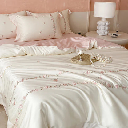 Decobites Rose Flowers Embroidery Bedding Set - Soft Lyocell Cotton, Silky Duvet Cover, Sheet, Pillowcases