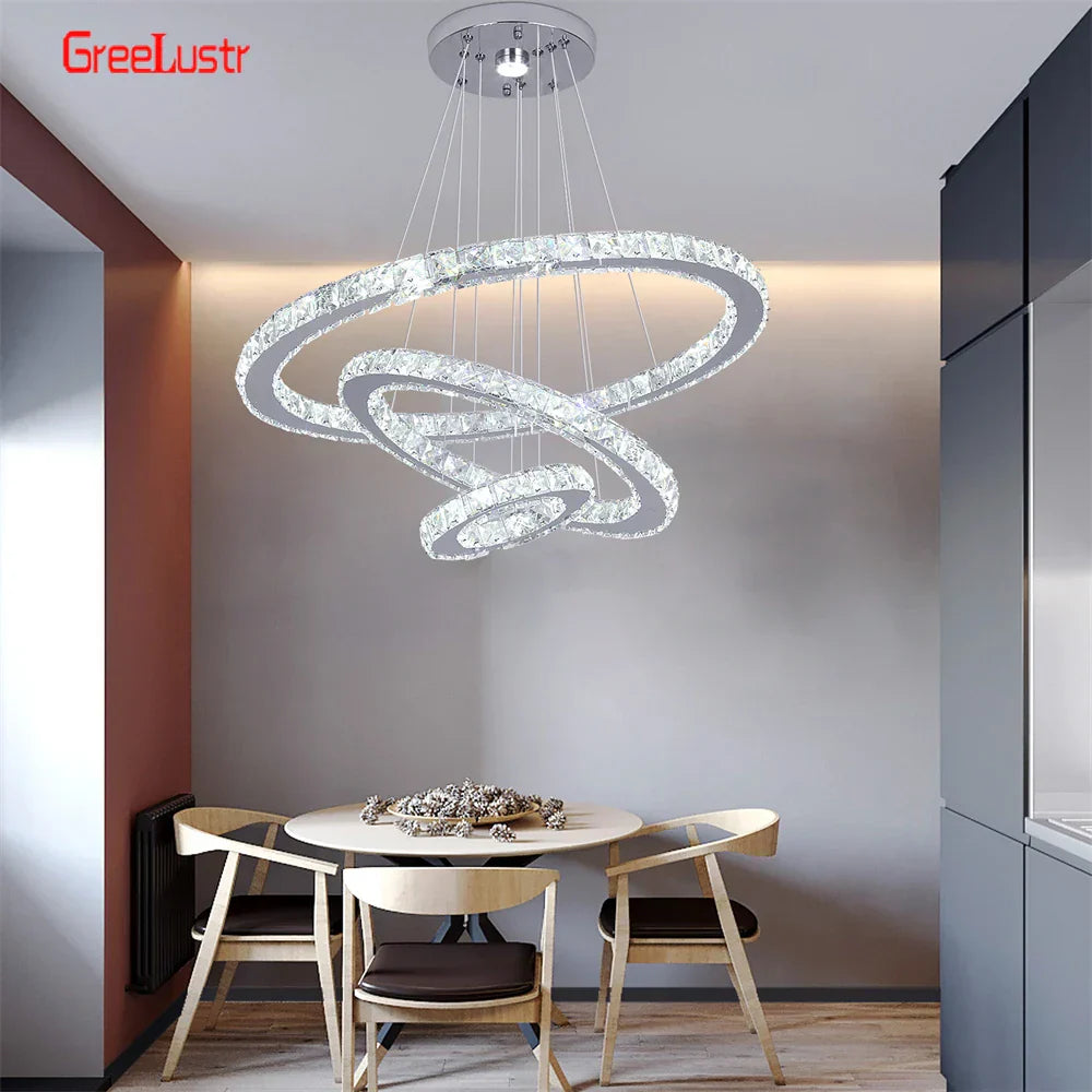DecorBites™ Crystal Chrome LED Pendant Light Rings Chandelier for Living Room Bedroom