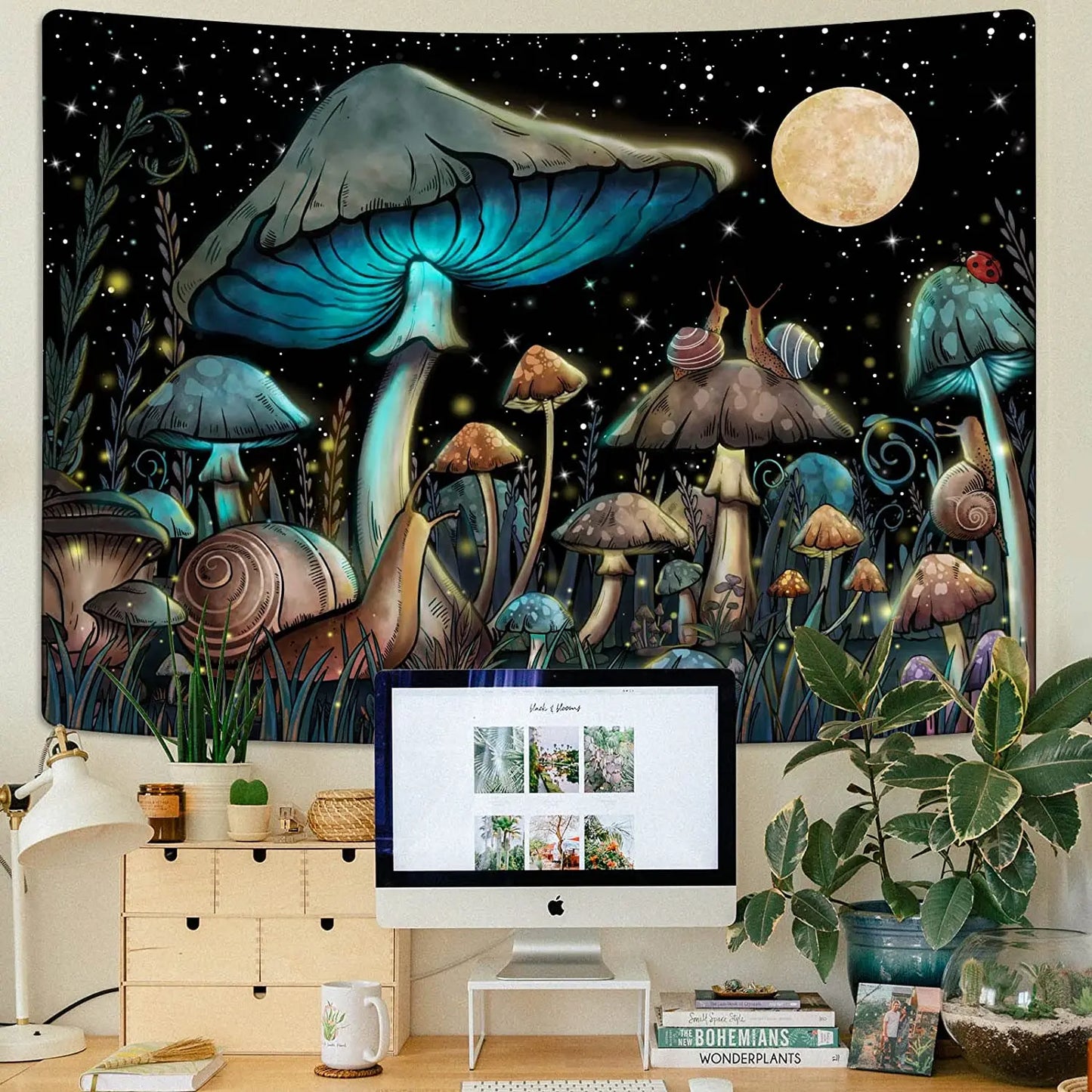 Decobites Mushroom Snail Moon Anime Tapestry Cute Dark Nature Wall Hanging