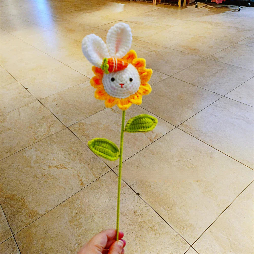 DecorBites™ Knitted Sunflower & Rabbit Bouquet: Handmade Crochet DIY Home Decor & Gift