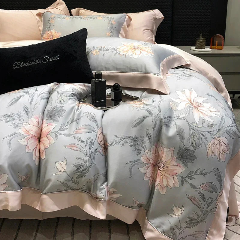 Decobites Rose Flowers Bamboo Fiber Bedding Set: Soft & Silky, 1 Duvet Cover, 2 Pillowcases, 1 Flat Sheet