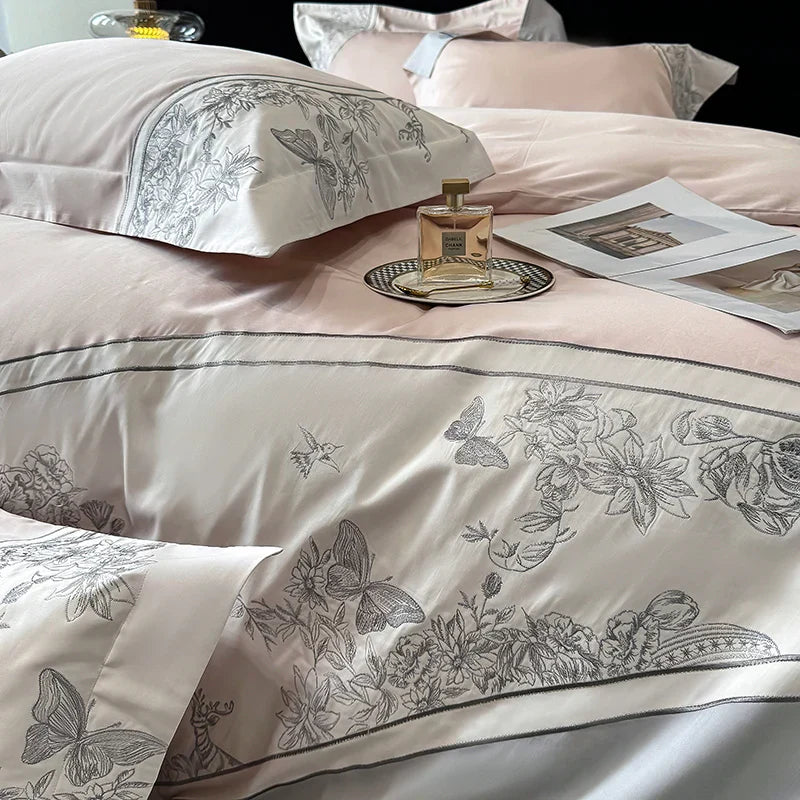 Juego de cama DecorBites™ Luxe con bordado de mariposas y flores, incluye funda nórdica, sábana y fundas de almohada (4 piezas).