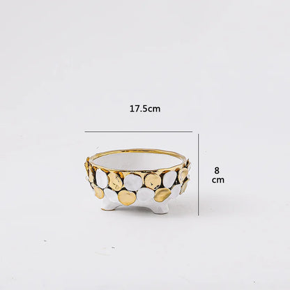 Jarrón de cerámica DecorBites™ con relieve geométrico de pan de oro - Elegante maceta con apliques hechos a mano para decoración del hogar