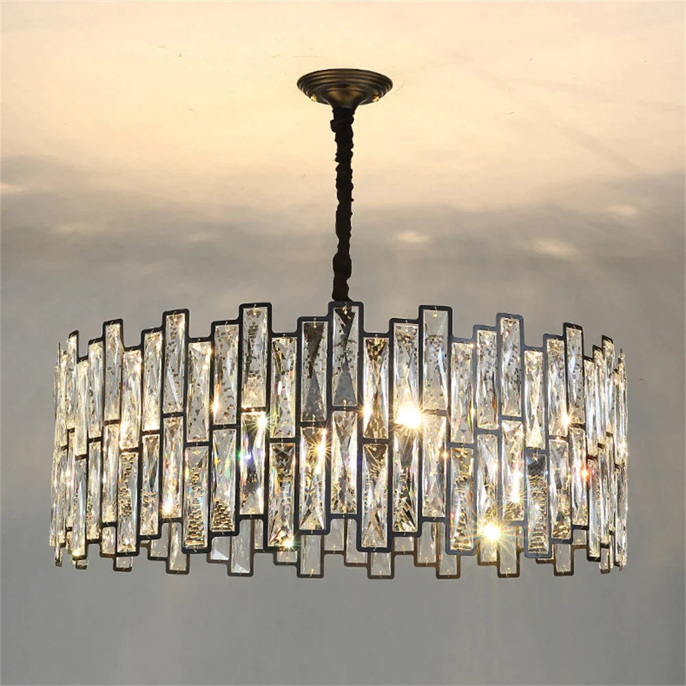 DecorBites™ Black Crystal Chandelier: Elegant Round Hanging Lamp for Living Room, Dining Room & Restaurant