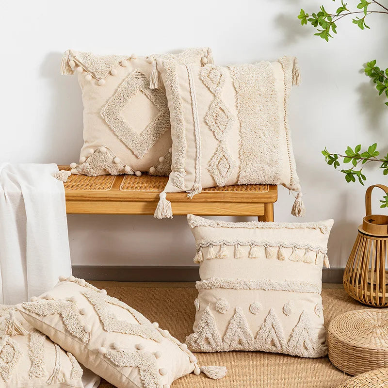 DecorBites™ Beige Wabi-sabi Tufted Fringed Geometric Tassel Cotton Linen Pillow Cover