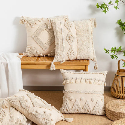 DecorBites™ Beige Wabi-sabi Tufted Fringed Geometric Tassel Cotton Linen Pillow Cover