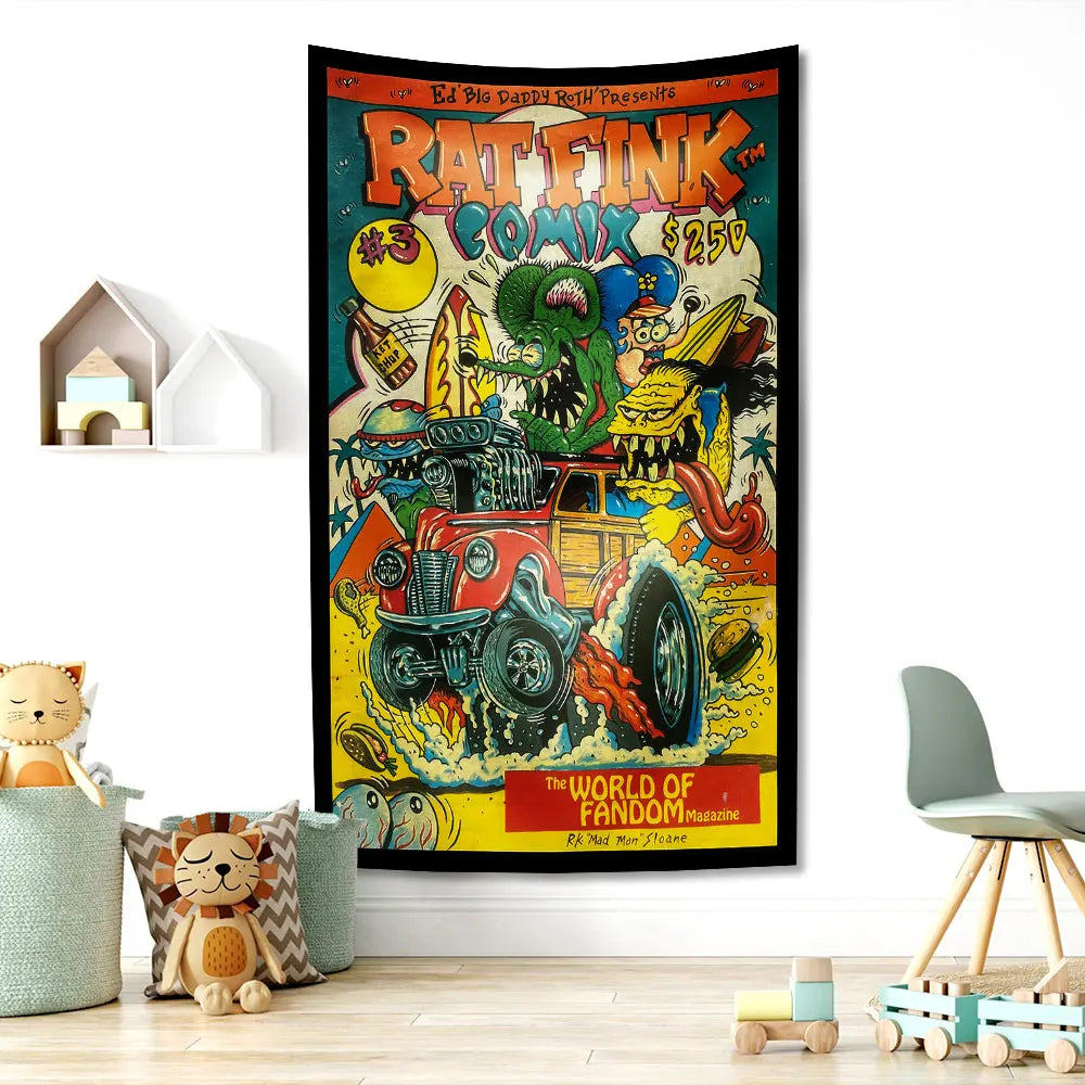 Decobites Rat Fink Fashion Tapestry Funny Meme Print Cloth Wall Decor for Home or Garage