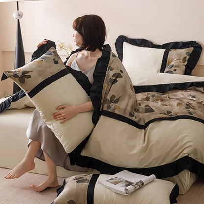 DecorBites™ French Retro Rayon Silk Bedding Set with Lace - Summer Cooling Comforter Cover