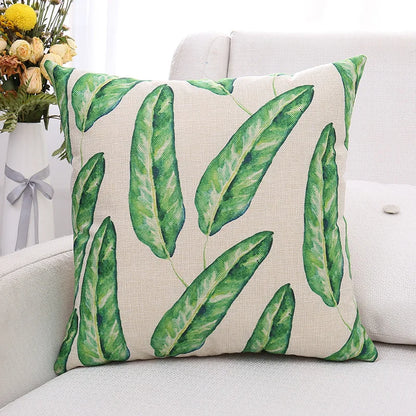 DecorBites™ Green Plant Leaves Flower Linen Cushion Cover - Modern Sofa Throw Pillow Cover