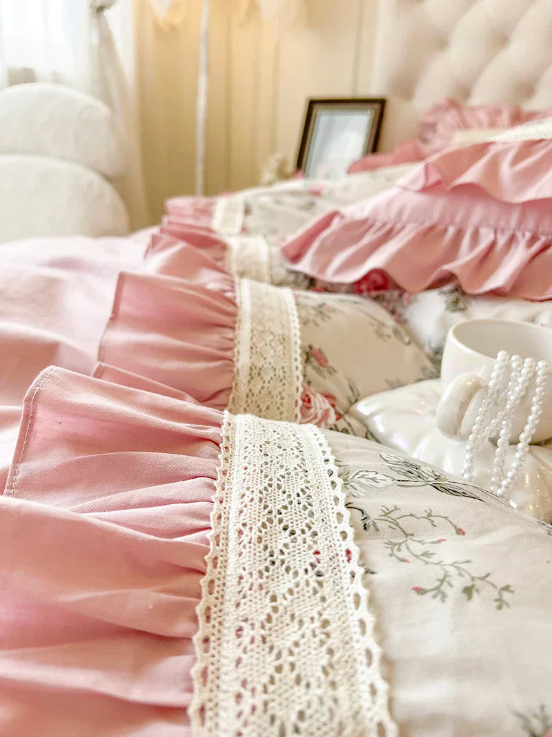 Decobites Pink Rose Floral Pleat Lace Ruffles 100% Cotton Bedding Set - Various Bed Sizes