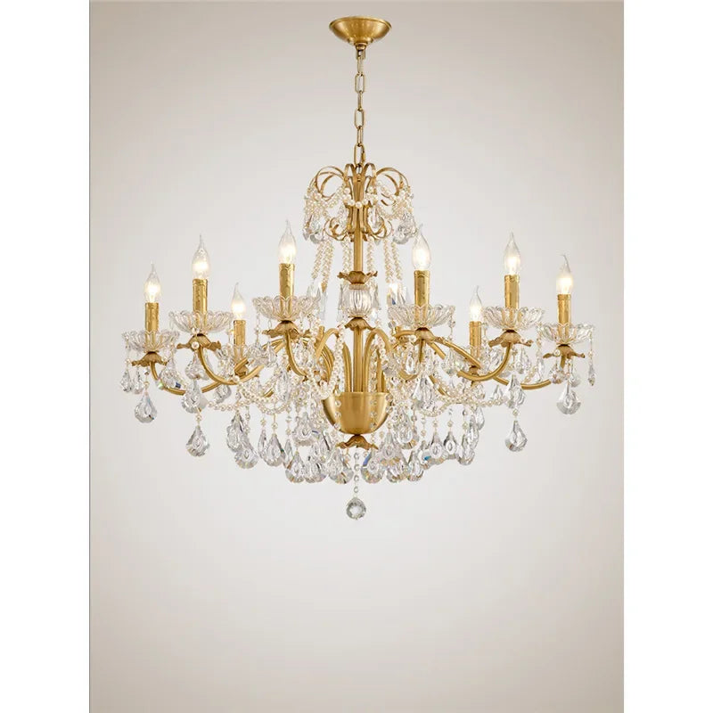 DecorBites™ Gold Brass Crystal Chandelier for Living Dining Bedroom, Retro Candle Lights Pendant Lamps