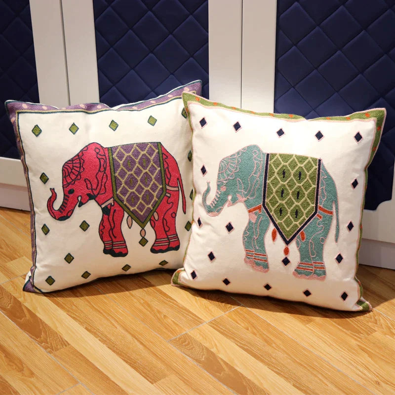 DecorBites™ Ethnic Flower Elephant Pillowcase, Hand-Embroidered Boho Cushion Cover