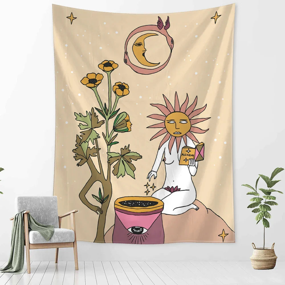 Tapiz de pared DecorBites™ con diseño de tarot y astrología de chica botánica para decoración boho wicca