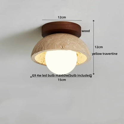 DecorBites™ Japan Style LED Ceiling Light Yellow Travertine Stone Wood Base Bedroom Luminaire