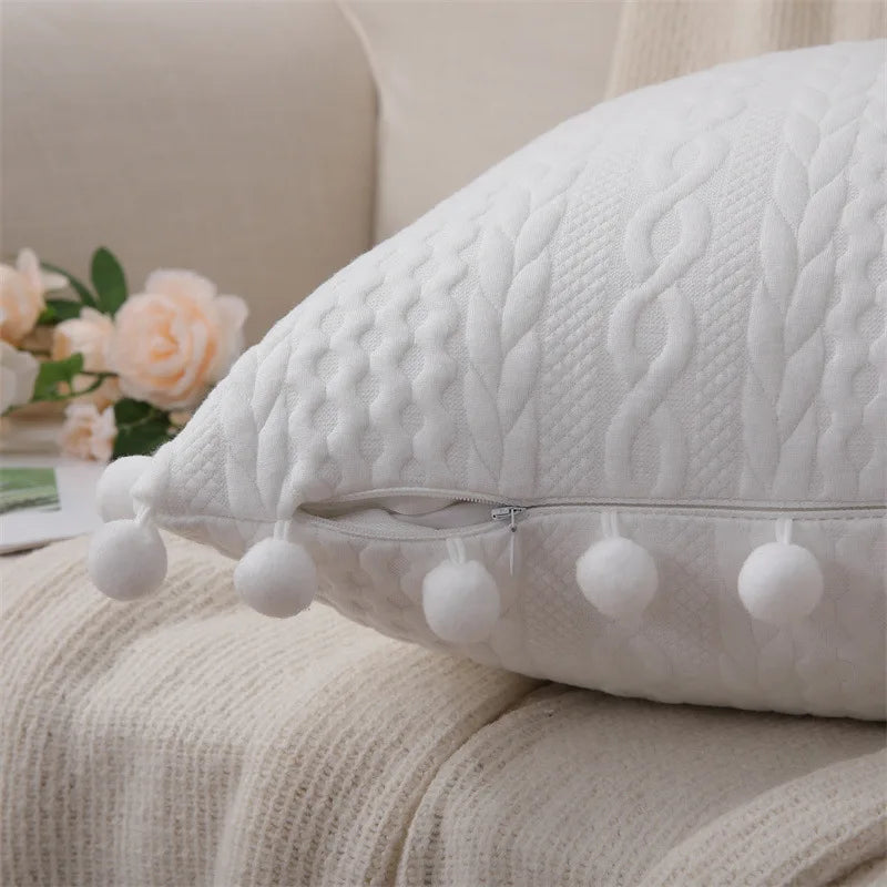 Funda de cojín de algodón con pompón de encaje Decorbites™, 50x50 cm, Bolas blancas, Funda suave para asiento, Decoración del hogar