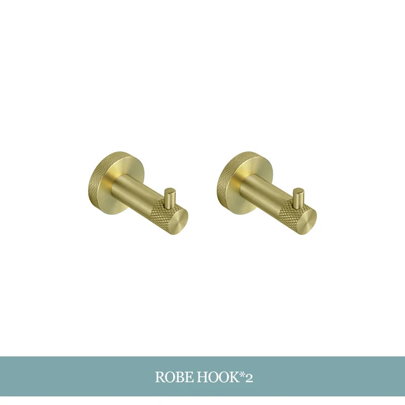 Conjunto de Hardware Decorbites™ Gold: Barra de Toallas, Soporte para Papel Higiénico, Gancho para Batas, Colgador de Tazas