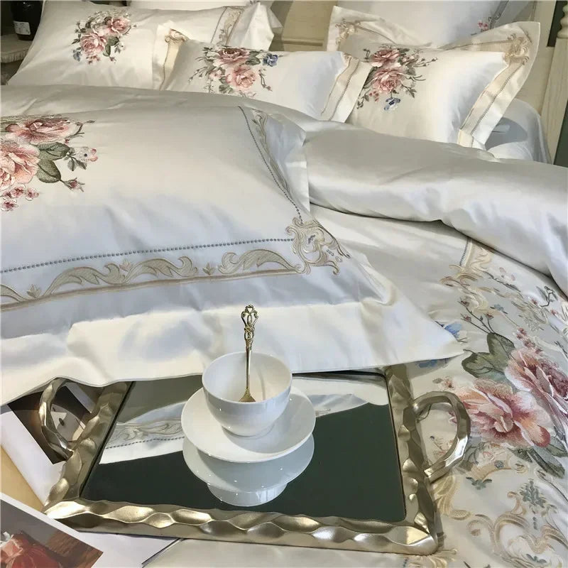 DecorBites™ Egyptian Cotton White Embroidery Bedding Set - Queen/King Size - 1000TC Linens