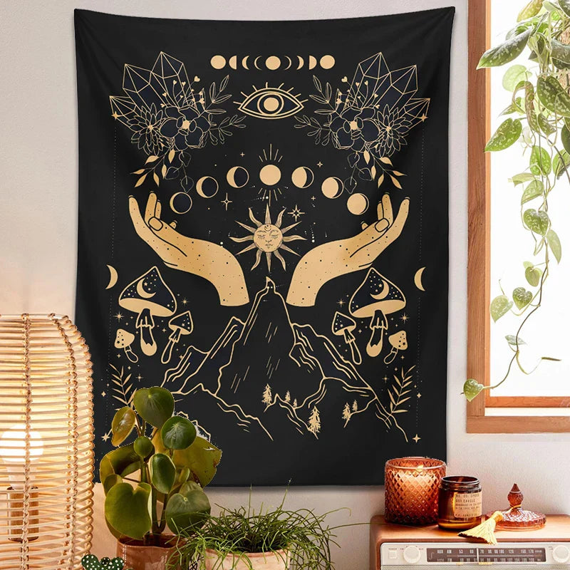 Moon Phase Magic Mushrooms Tapestry Wall Hanging by Decobites - Hippie Witchcraft Home Decor