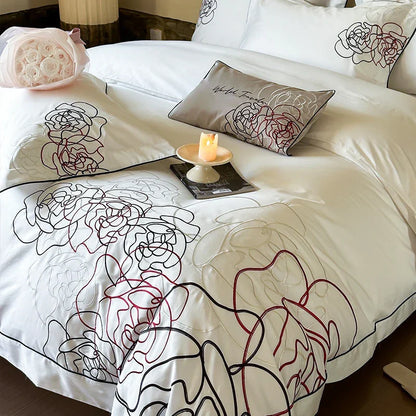 Decobites Rose Flowers Luxury Embroidery Bedding Set - 1000TC Egyptian Cotton 4Pcs