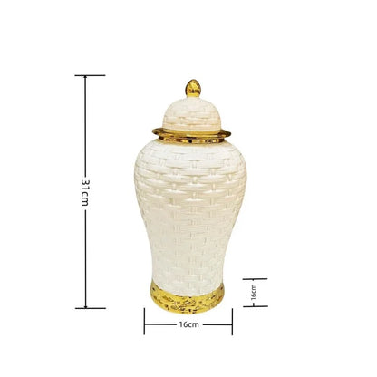 DecorBites™ Golden Flower Vase Ceramic Checkmate Jar Weave Pattern Home Decoration Accessories