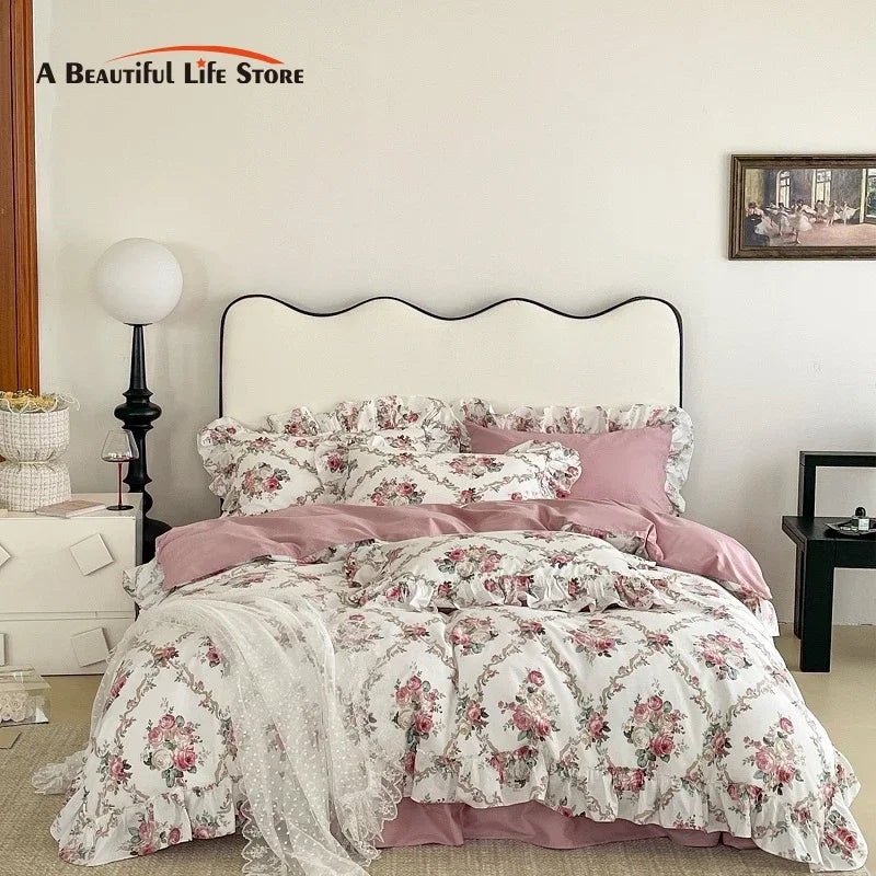 Decobites Vintage Rose Lace Ruffles Bedding Set - 100% Cotton French Style