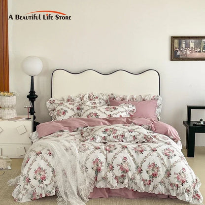 Decobites Vintage Rose Lace Ruffles Bedding Set - 100% Cotton French Style