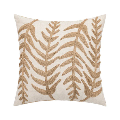 DecorBites™ Linen Embroidery Leaves Cushion Cover 45x45cm Beige Green Aesthetic Throw Pillow