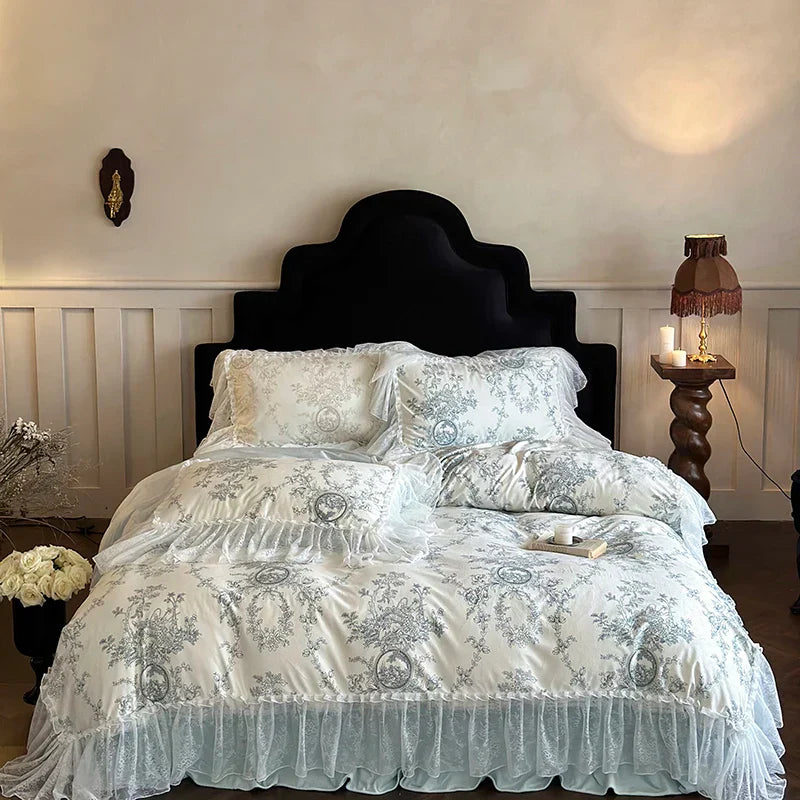 Decobites French Lace Ruffles Princess Bedding Set with Milk Velvet Quilt Cover & Pillowcases