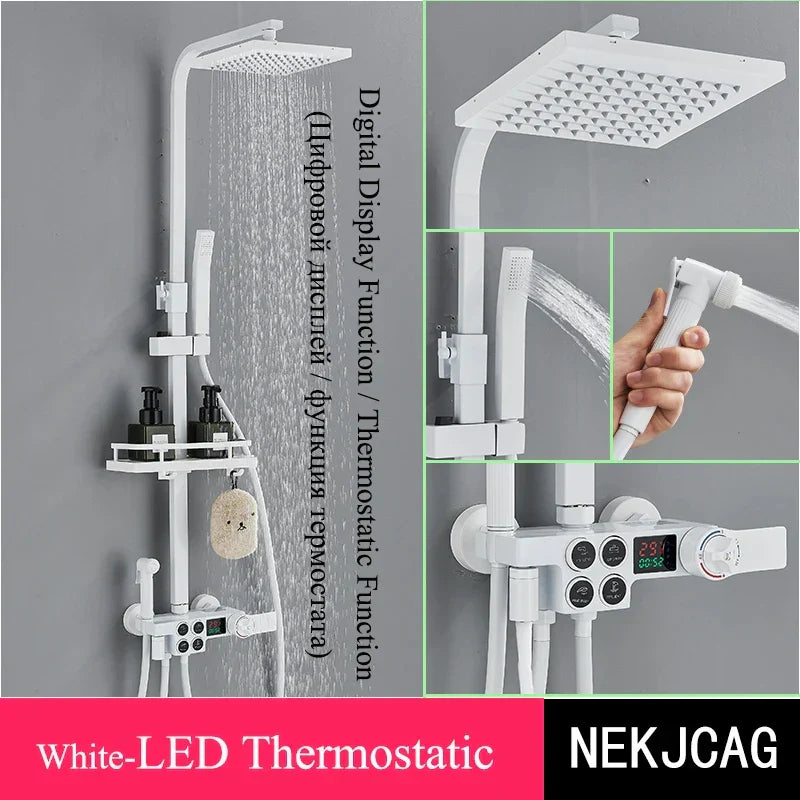 DecorBites™ Digital Display Thermostatic Shower Faucet Set, Rain Shower Column, Wall Mount - Black/Chrome