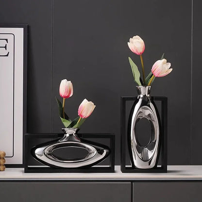 DecorBites™ Elegant Square Ceramic Vase with Artificial Flowers for Desk Decoration