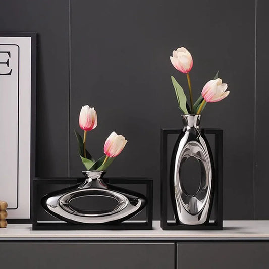 DecorBites™ Elegant Square Ceramic Vase with Artificial Flowers for Desk Decoration