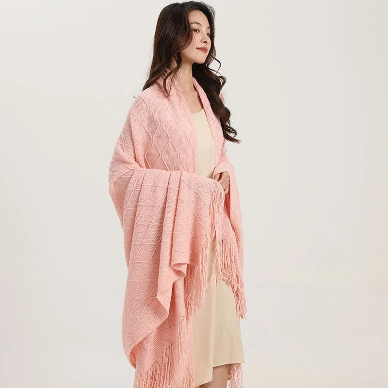 DecorBites™ Knitted Diamond Blanket: Versatile Solid Shawl for Home, Office, Travel