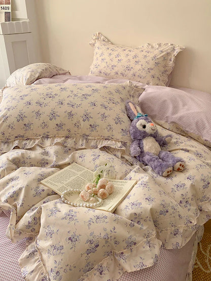 Decobites Floral Lace Ruffles Girl Bedding Set with Quilt/Duvet Cover, Sheet & Pillowcases