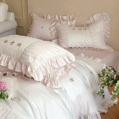 Decobites Rose Embroidery Lace Ruffles Bedding Set 1000TC Egyptian Cotton Duvet Cover Flat Sheet